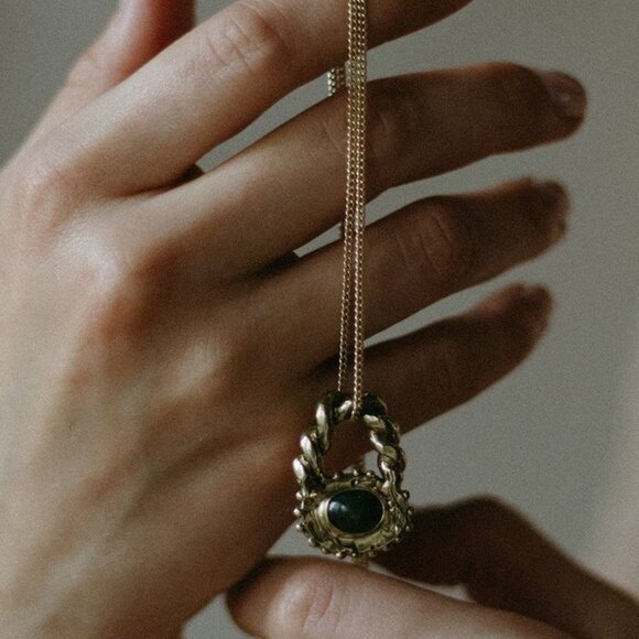 Fade Into the Abstract Lock Pendant in Brass and Jade - Picture 1 of 3
